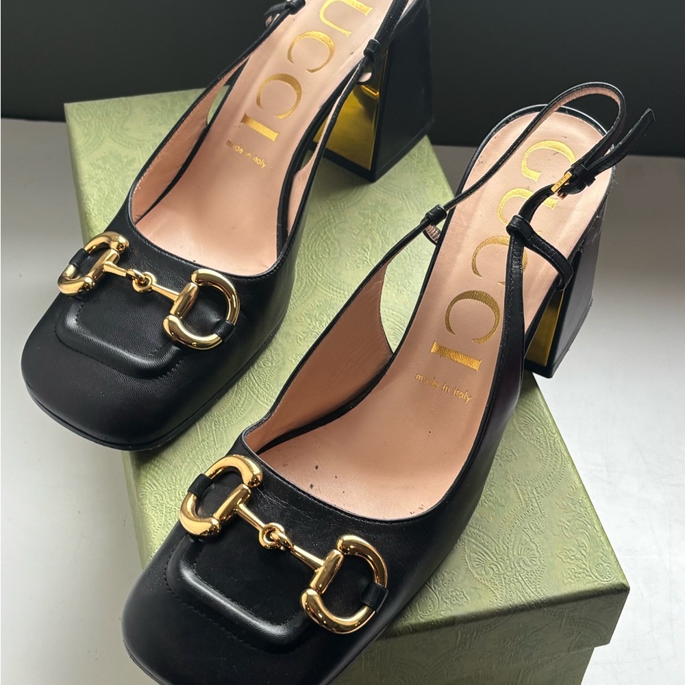 Gucci Black Leather slingback Heels with Gold Buckle